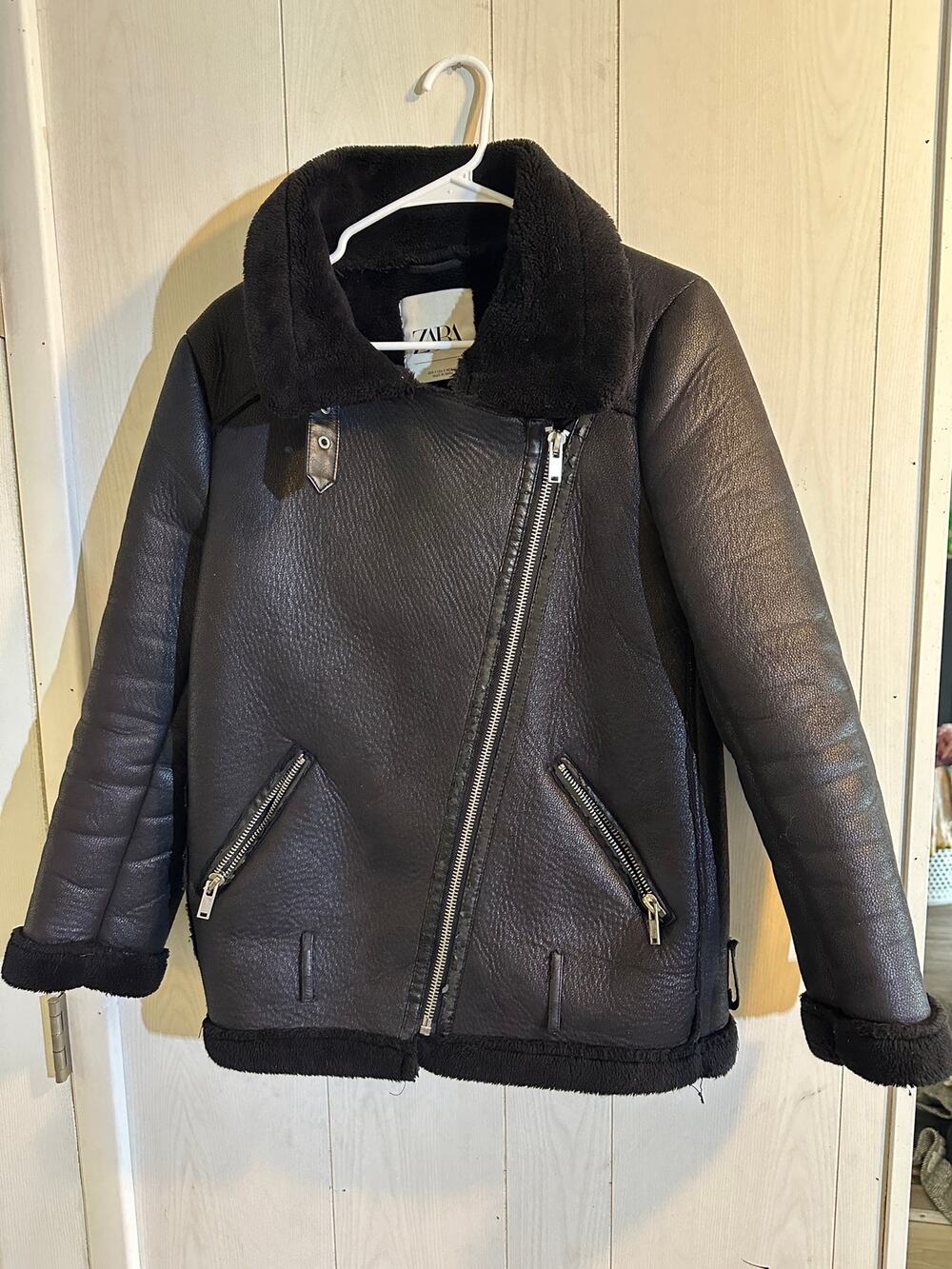 Zara Double Faced Faux Shearling Biker Jacket Womens Size S Black Moto Aviator